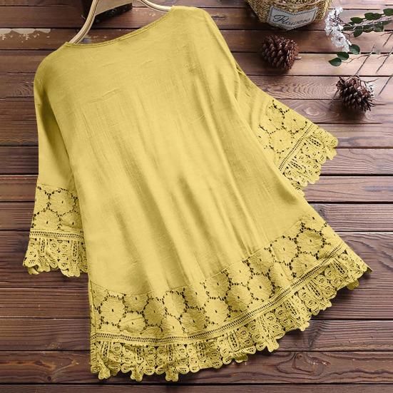Women Shirt V-neck Lace-up Half Sleeve Pullover Tops Solid Color Loose Fit Embroidery Lace Flower Splicing Shirt