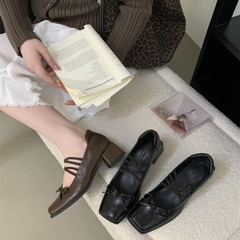 2025 Spring and Autumn New Niche Design Bow Ballet Shoes Square Head Thick Heel Mary Jane Shoes Single Shoes Leather Shoes