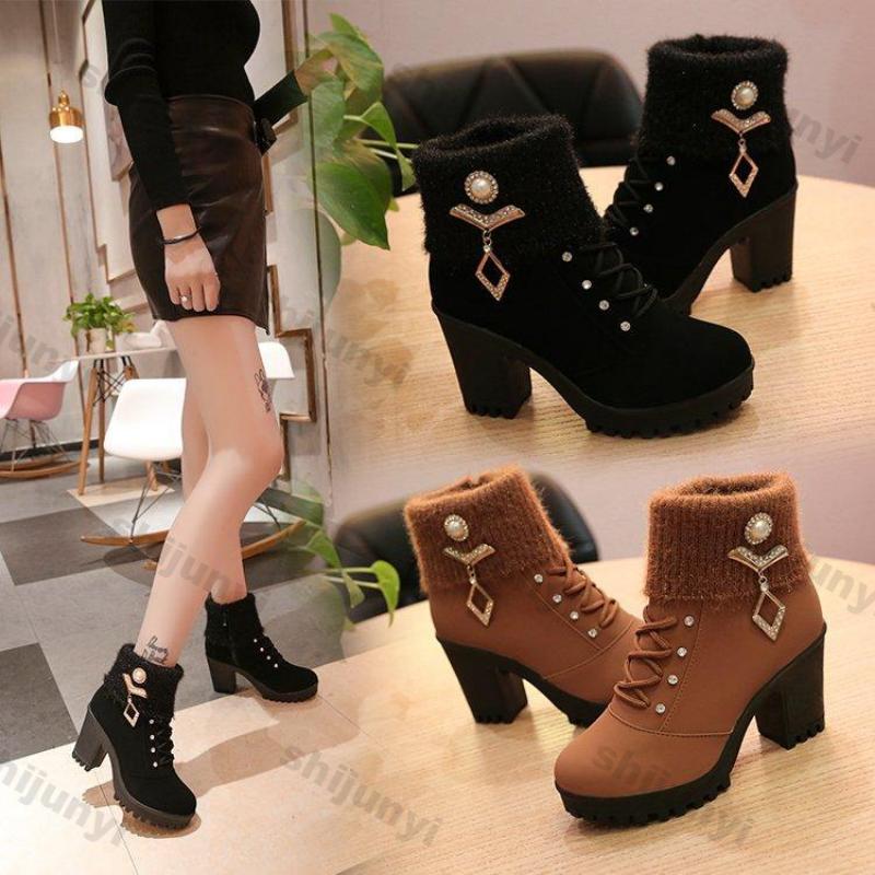 Fashion Women's Chunky Heeled Ankle Boots Autumn Fashion Rhindiamonds Solid Color High Heels Shoes Female Lace Up Platform Short Booties