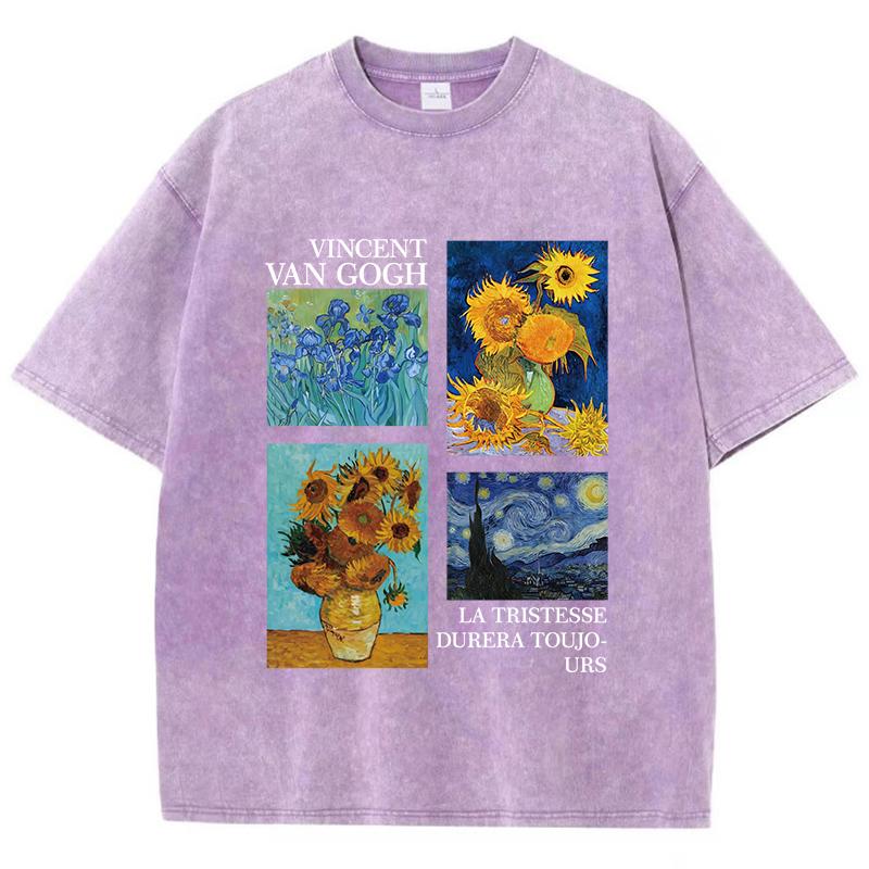 Cotton Women Acid Wash T-Shirts Van Gogh La Tristesse Durera Toujours Prints Tees Oversize O-Neck Distressed Tops