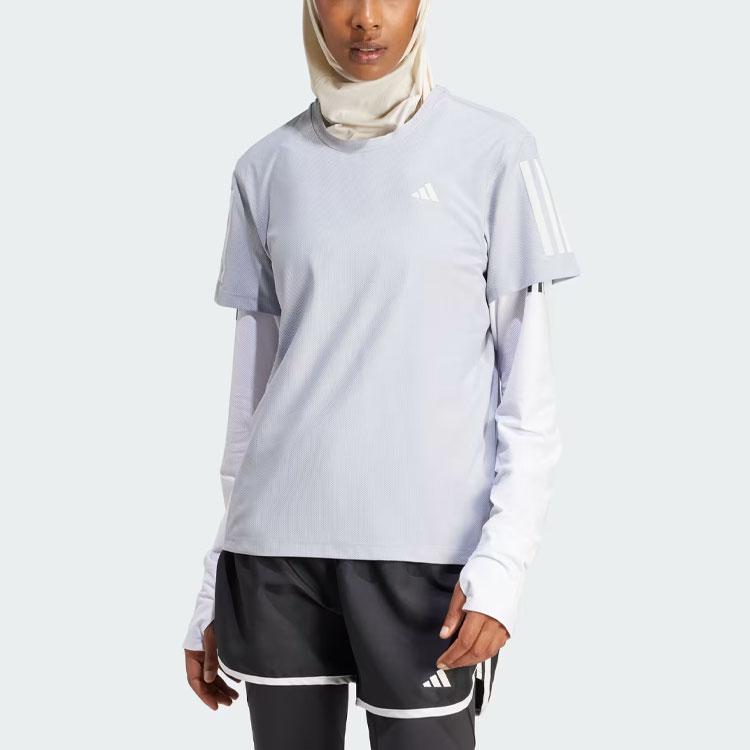 Adidas Three Stripe Color Block Running Short Sleeve Drop Shoulder T-Shirt Women Tops Light-Blue IP2041