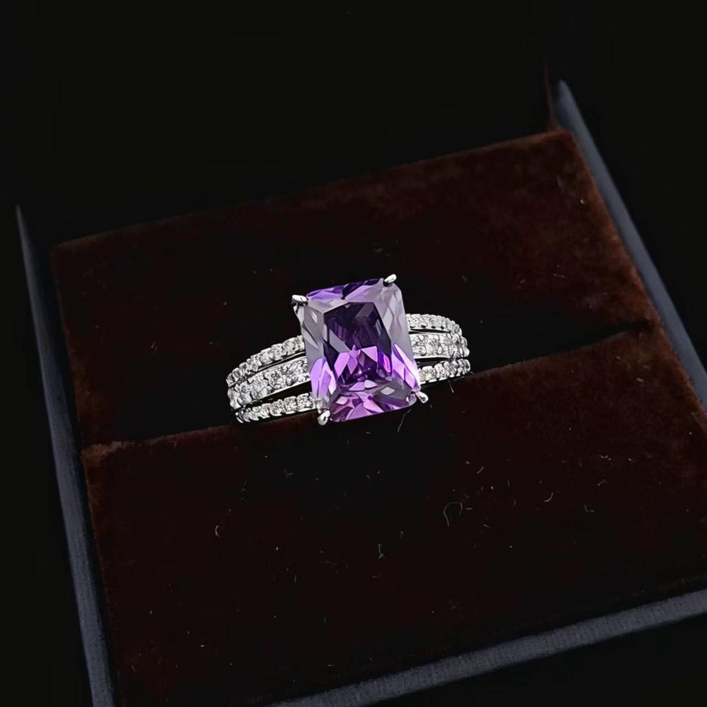 Sansheng Iii Square Women'S Ring Simulation 8X10 Rectangle Amethyst Ring Femininity High Carbon Diamond Ring