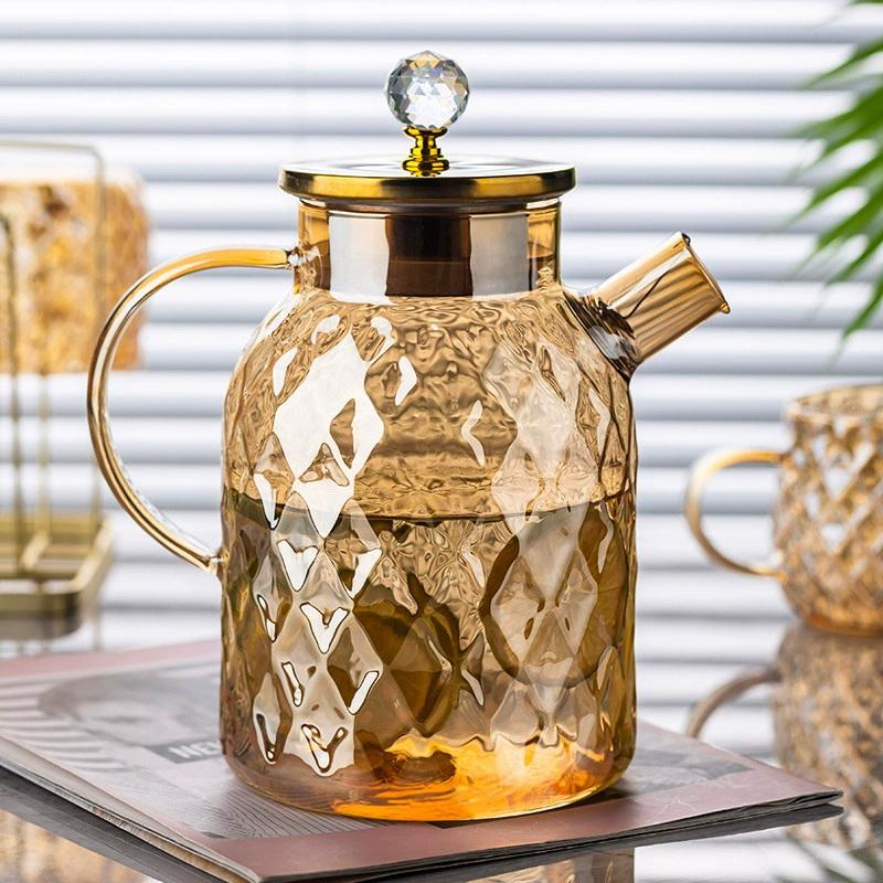 Glass Tea Kettle With Bamboo Lid And Removable Filter Spout Champagne Teapot For Loose Leaf Blooming Tea And Fruit Tea 1/15/1.8L