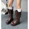 2025 Autumn and Winter New Maillard Retro Knight Boots Women's Versatile Thick-soled Stacking Boots Round Head Belt Buckle Boots