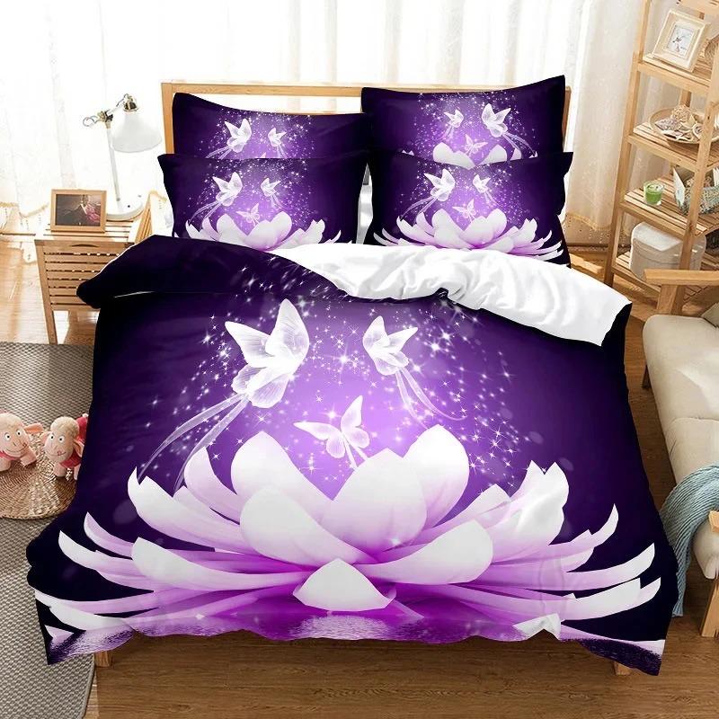 Purple Bedding Set Duvet Cover Bed Quilt Pillow Case 3D Comforter Lavender Butterfly Double Full King Queen Twin Single 3PCS