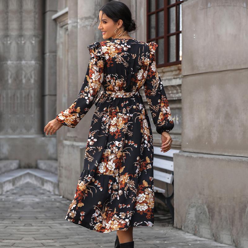 2025 New Autumn Women's Clothing V-neck Printed Medium and Long Dress Women