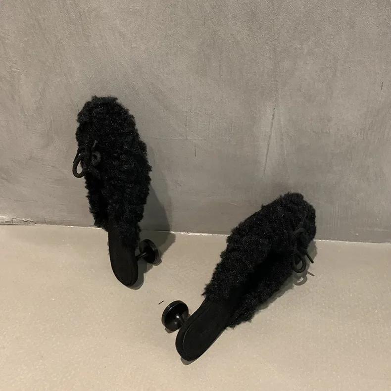 Fashion Women Fashion Elegant Round Toe Lamb Hair Slippers Winter Outdoor High Heel Banquet Plush Shoes Female Zapatillas Mujer