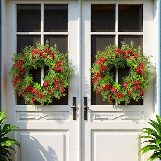 16-дюймовый рождественский венок с красными ягодами, искусственным эвкалиптом и листьями кедра для праздничного декора входной двери, стены, дома