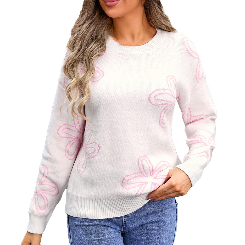 Women's Casual Fashion Comfortable Round Neck Pullover Contrast Color Flower Long Sleeve Street Trend Knitted Sweater