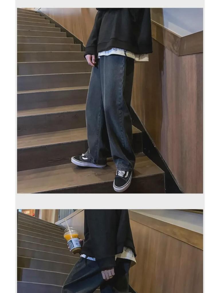 Men's Black Wide-Leg Retro Straight Jeans - New Autumn Trend, Loose-Fit, Large Sizes Available.