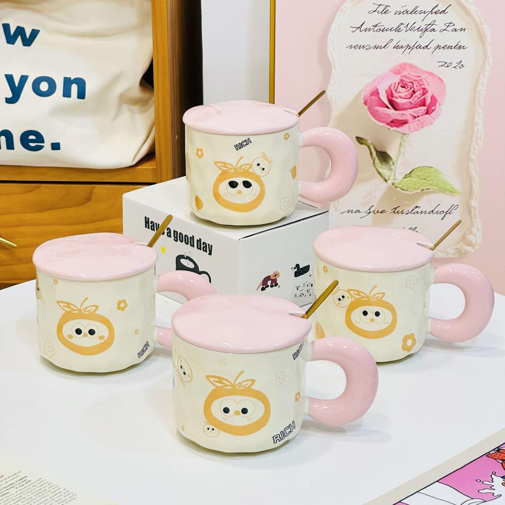 Small Gift Mug Ceramic Small Gift Box Cup Household Water Cup Ceramic Cup Small Orange with Lid Spoon