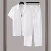 2 шт./комплект мужской повседневный наряд однобортная рубашка с лацканами короткий рукав эластичный пояс длинные брюки комплект однотонный наряд