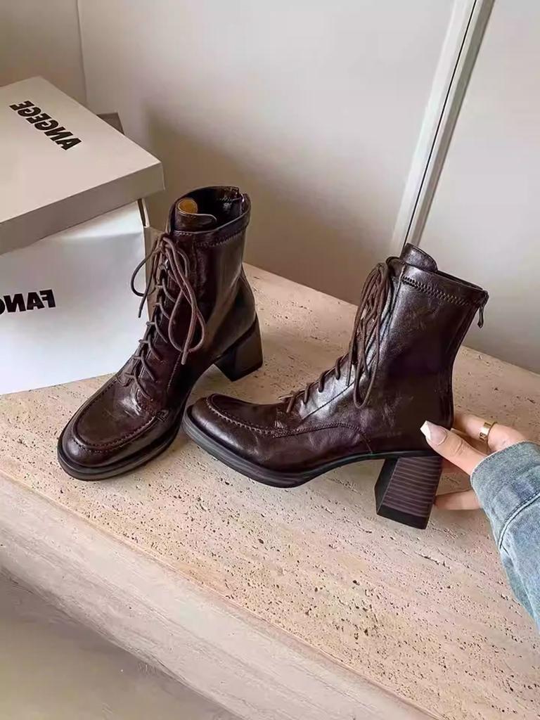 Coarse Heel Heightening Martin Boots Women's 2025 New Versatile Side Zipper Lace-up Short Boots Locomotive Knight Boots