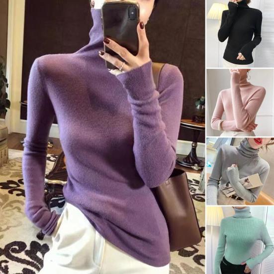 Sweater Turtleneck Long Sleeve Solid Color Bottom Tops High Elasticity