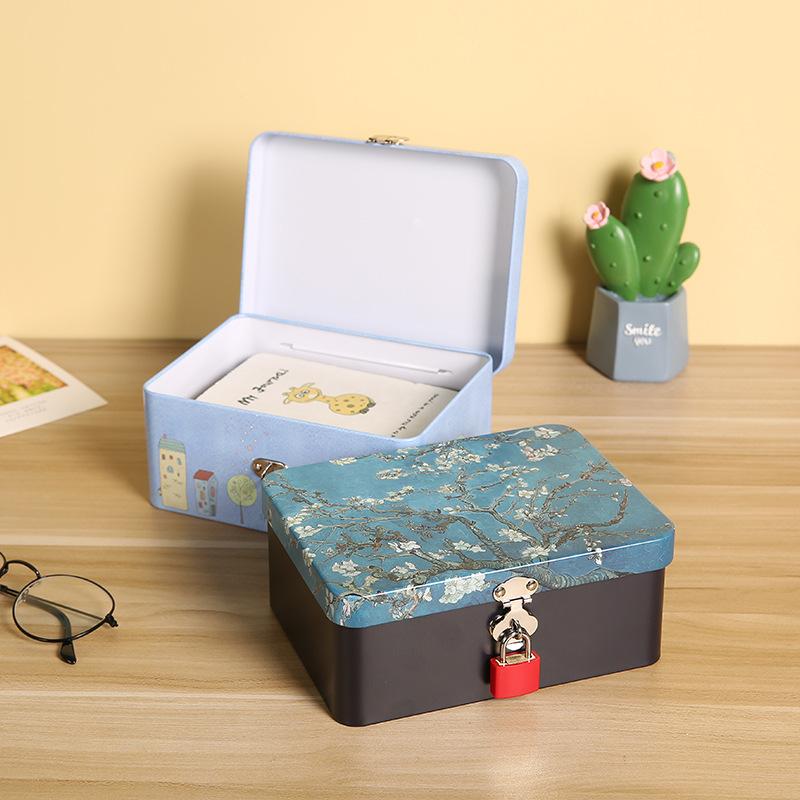 Tinplate Box with Lock Key Desktop Storage Box Cosmetics ID Storage Household Jewelry Empty Box