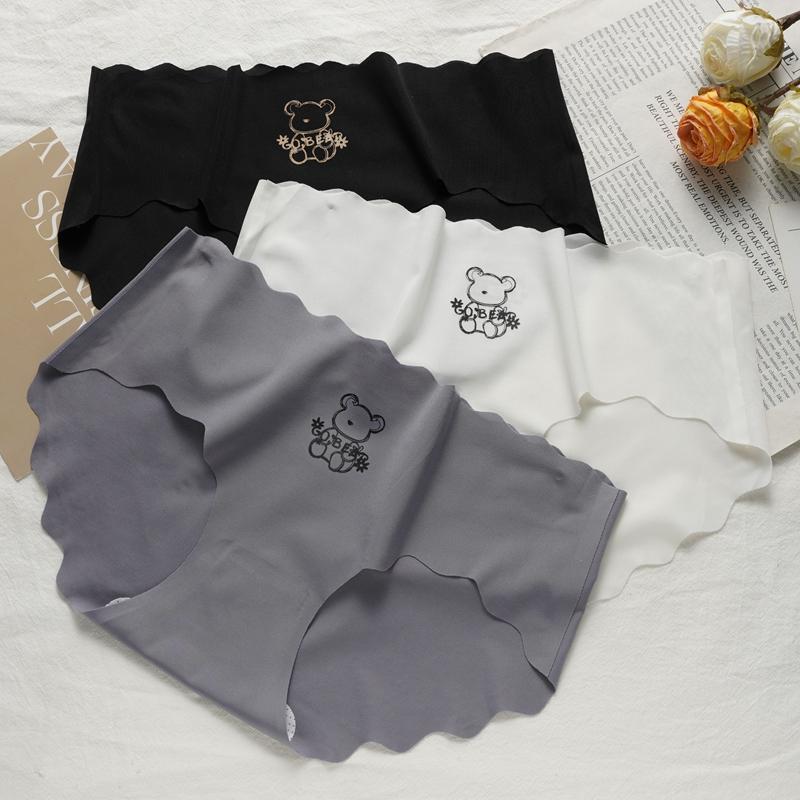 Women Ice Silk Mid-Waist Panty Wave Waist Comfortable Girl Underwear Cute Cartoon Print Breathable Bottom Crotch Briefs