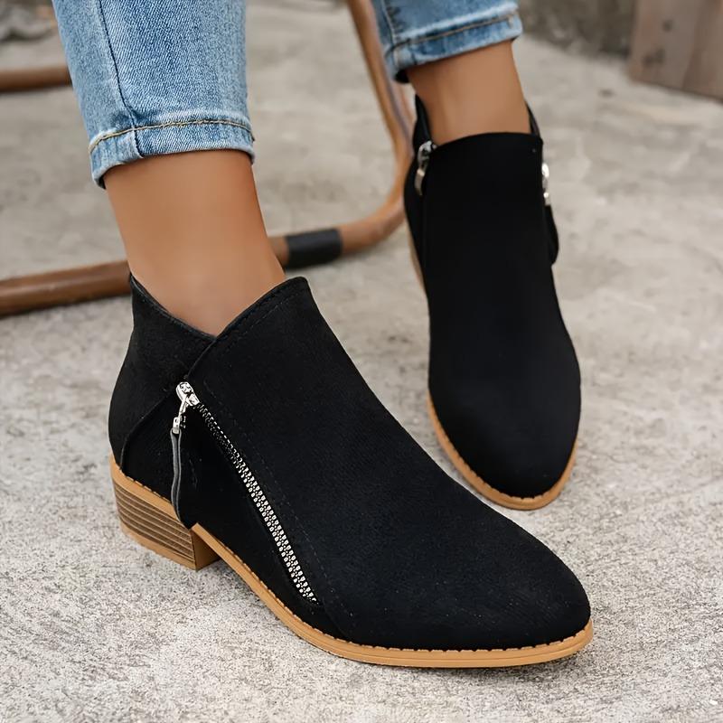 Женские ретро однотонные ботильоны - Ботильоны на толстом каблуке 1,57 дюйма - Удобные всесезонные ботильоны на толстой подошве с боковой молнией и заостренным носком