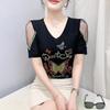 New European Women's Clothes Luxury Elegant T-Shirt Sexy Shiny Butterfly Hot Diamonds Mesh Top Tees Blouse