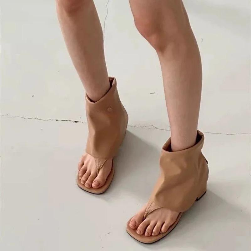 Fashion Women's Shoes 2024 Hot Sale Summer Slip On Women's Sandals Square Toe Solid Cover Heel Open Toe Chunky Heels Roman Thong Sandals