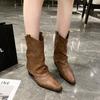 Fashion 2024 High Quality Shoes Female Mid-Calf Women's Boots Elegant Modern Boots Women Sewing Rivet Slip On Square Heel Shoes Women