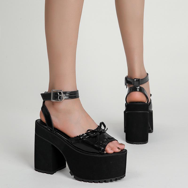 Gdgydh Platform Heels for Women Patent Leather Goth Platform Sandals Womens Chunky Heel Open Toe Ankle Strap Fashion Bowknot