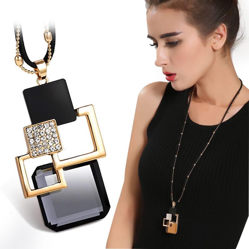 Fashion Crystal Geometric Necklaces & Pendant For Women Collier Femme Long Statement Sweater Chain Necklace Jewelry Accessories KTY