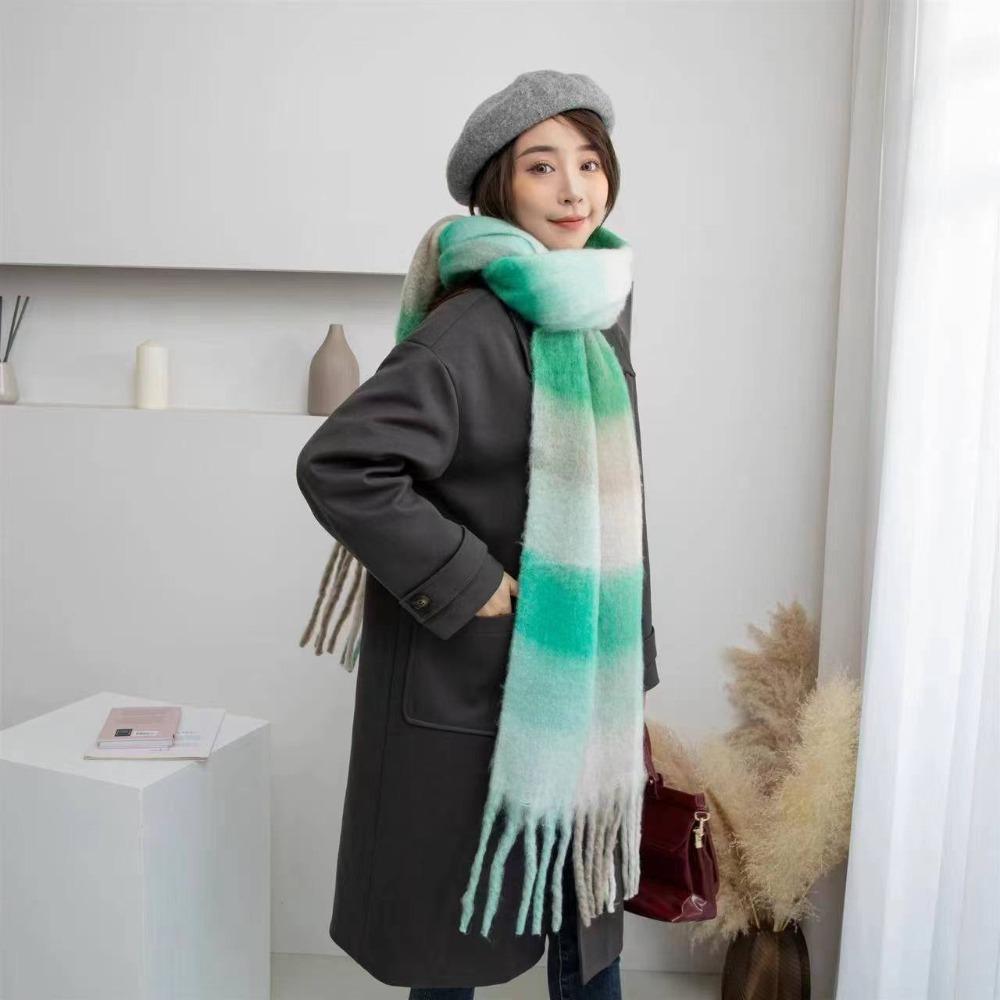 Versatile Four Color Cashmere Scarf Long Tassel Rainbow Winter Plaid Shawl Gradient Tie Dye Scarf