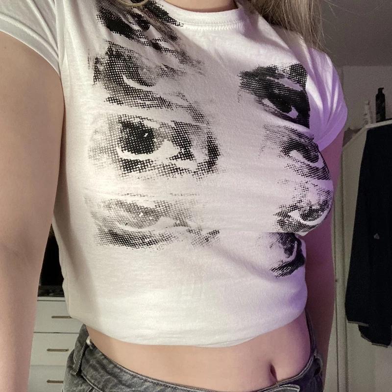 Vintage Short-sleeved T-shirt Female Y2k Aesthetic Graphic Eye Print Crop Top Streetwear Harajuku O-neck Gothic Tee Slim