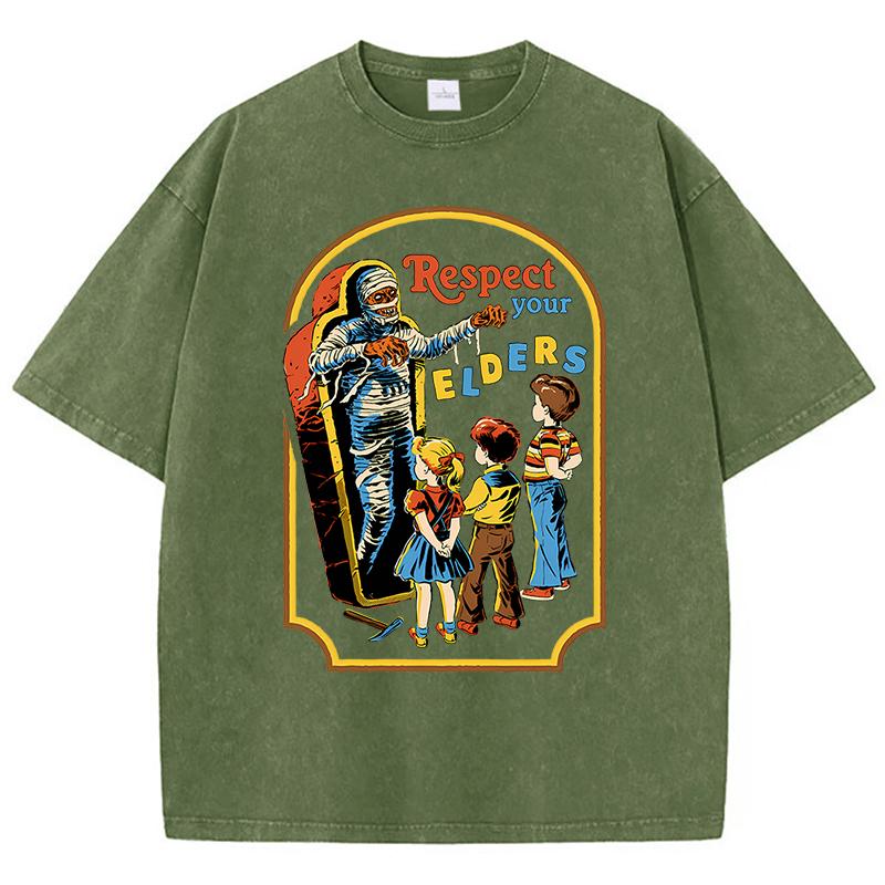Respect Your Elders Mummy Funny Washed Retro Men T Shirt Cotton Casual Tshirts Harajuku Oversize Tshirt Loose Breathable Tee