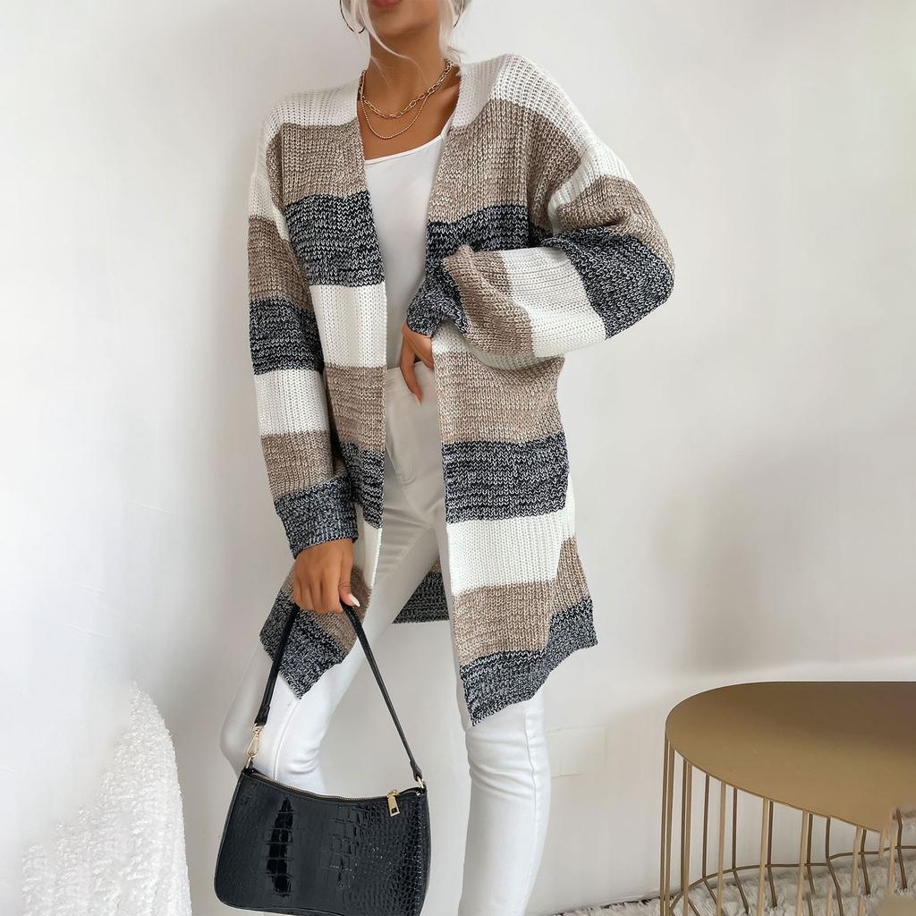 Women's Fashion Loose Early Autumn New Mid-length Knitted Cardigan Japanese Striped Color Matching Sweater Jacket