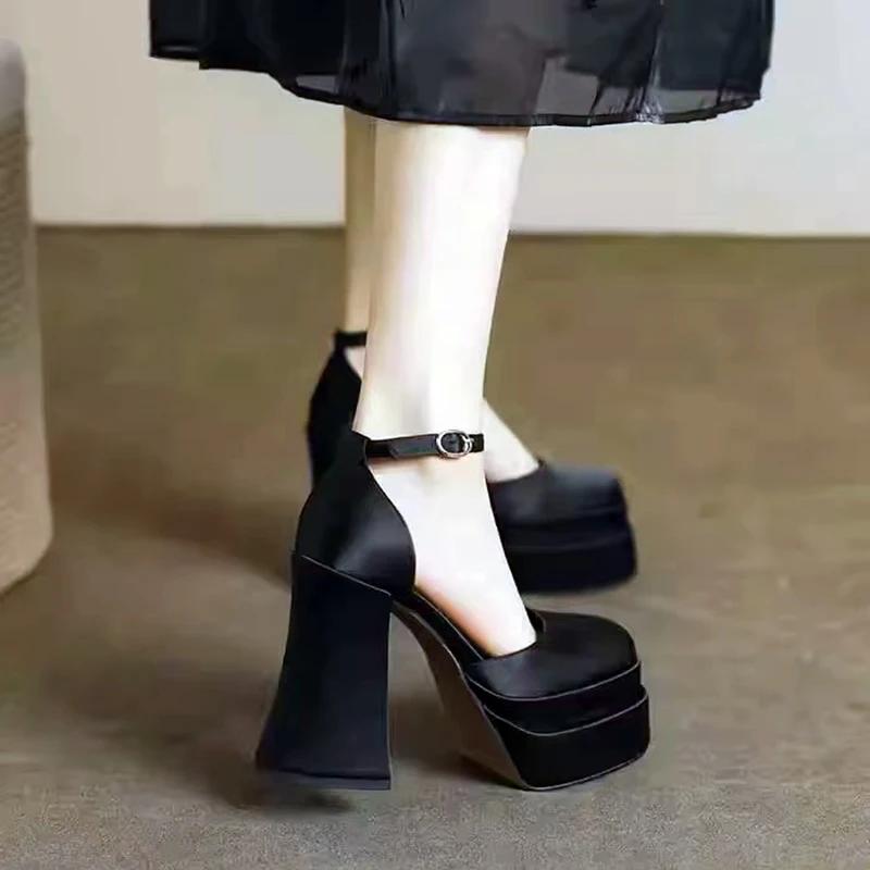 2025 женские туфли на толстой платформе с закрытым носком и квадратным каблуком, с ремешком на щиколотке, для платья, свадьбы, выпускного вечера, туфли-лодочки