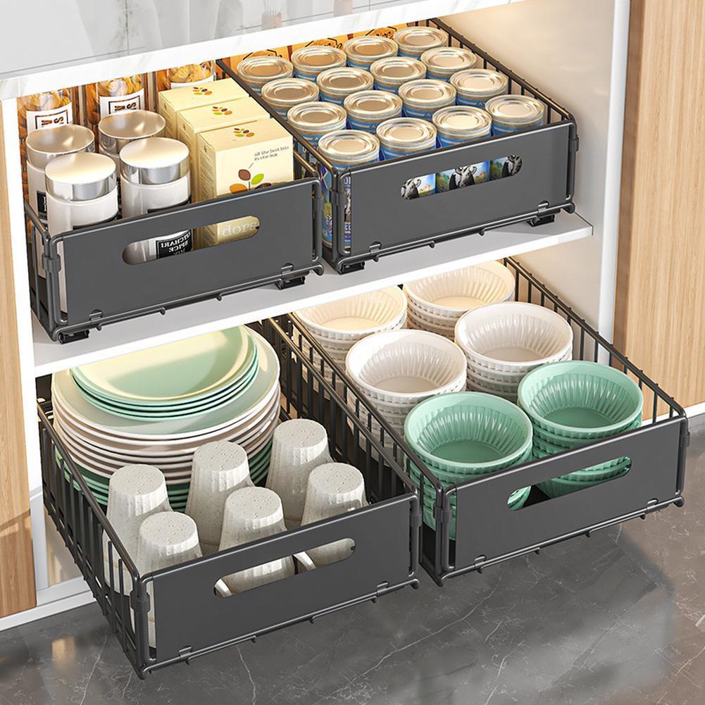 1pc/2pcs Pull Out Drawers, Expandable Roll Out Cabinet Organizer, Foldable Slide Out Drawer Storage Mesh Basket,Under Sink Shelf