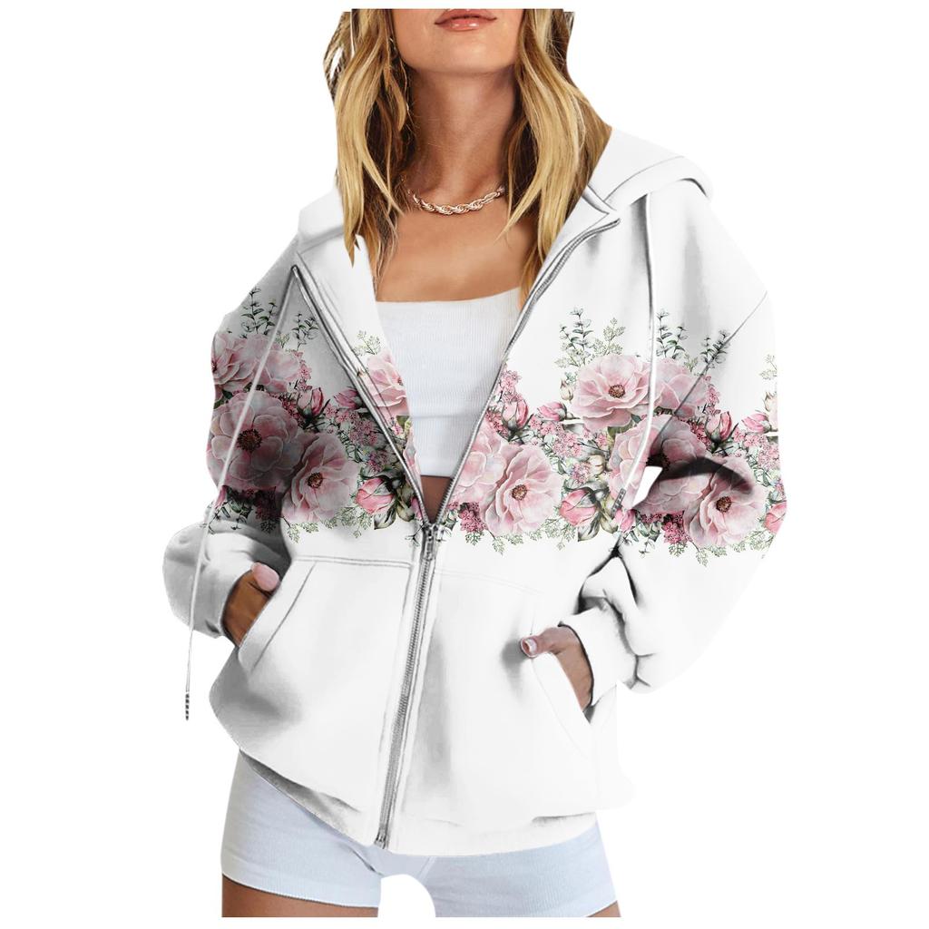 Women's Long Sleeve Printed Sweatshirt Long Sleeve Pocket Jacket Zipper Hoodie Coat Autumn