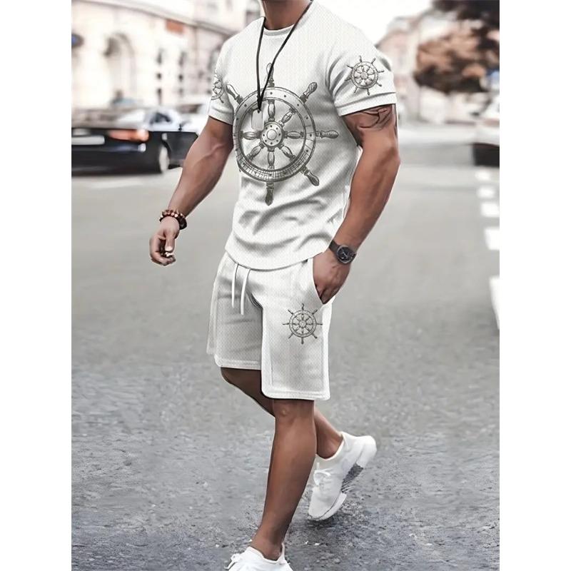 2025 Summer Fashion T Shirt Shorts Set High Temperament Street Men's Mens 3D Short Sleeve Loose Top Gradient Coconut Print Style