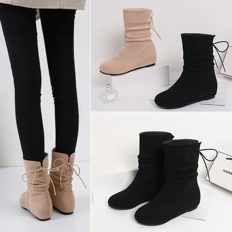 Fashion Ladies Shoes On Sale 2024 Lace Up Women's Boots Winter Round Toe Warm Solid Short Barrel Low Heel Large Size Fashion Boots