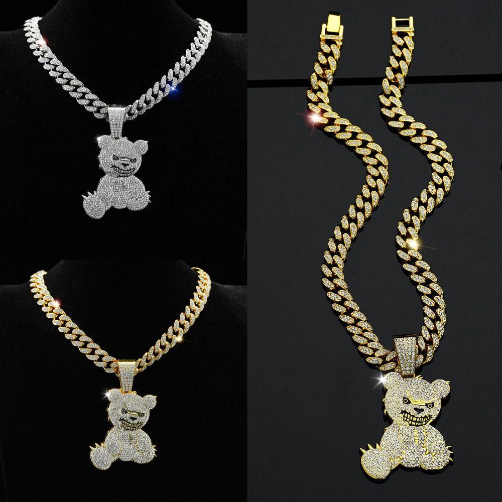 Rhinestone Pendant Necklace Bear Shape Bling Bling Necklaces New Hip Hop Necklace  For Men Women