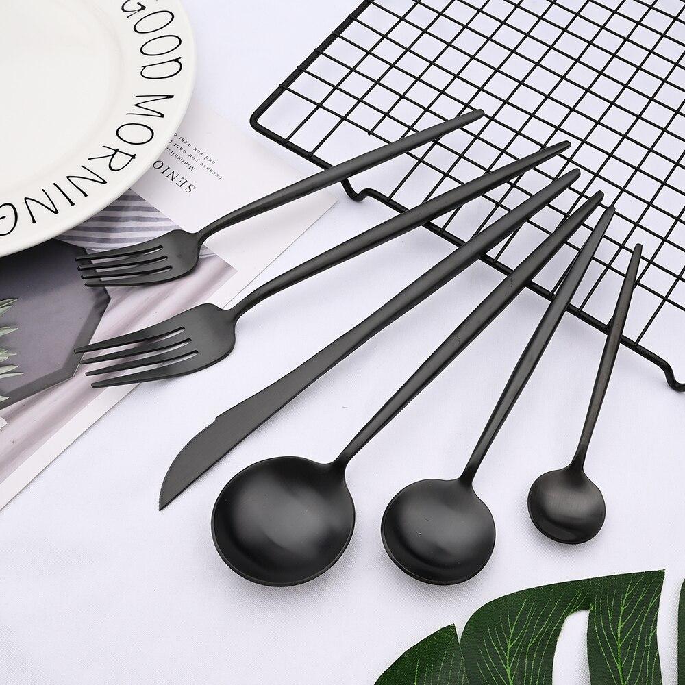 Black Matte Cutlery Set Knife Fork Spoon Flatware Set Family Kitchen Silverware Tableware Set Stainless Steel Dinnerware Set