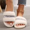 Fashion Fashion Rhinestone Fluffy House Slippers for Women 2025 Winter Warm Faux Fur Flat Slides Woman Open Toe One Strap Plush Slippers