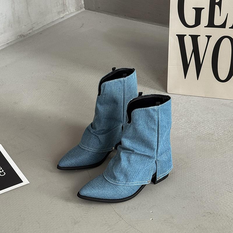 Spring and Summer Retro Casual Pointed Thick Heel Temperament Trouser Boots Autumn and Winter Solid Color Women's Western Denim Short Boots