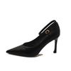 Spring  Autumn Work Shoes for Women Black High Heels Slim Heels Buckle Strap Pointed Toe Medium Heel Soft Sole Single Shoes