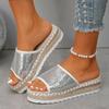 2025 Summer New Linen Thick Bottom Wedge Heel Sequins European and American Bohemian Fish Mouth One-word Drag Large Size 36-43