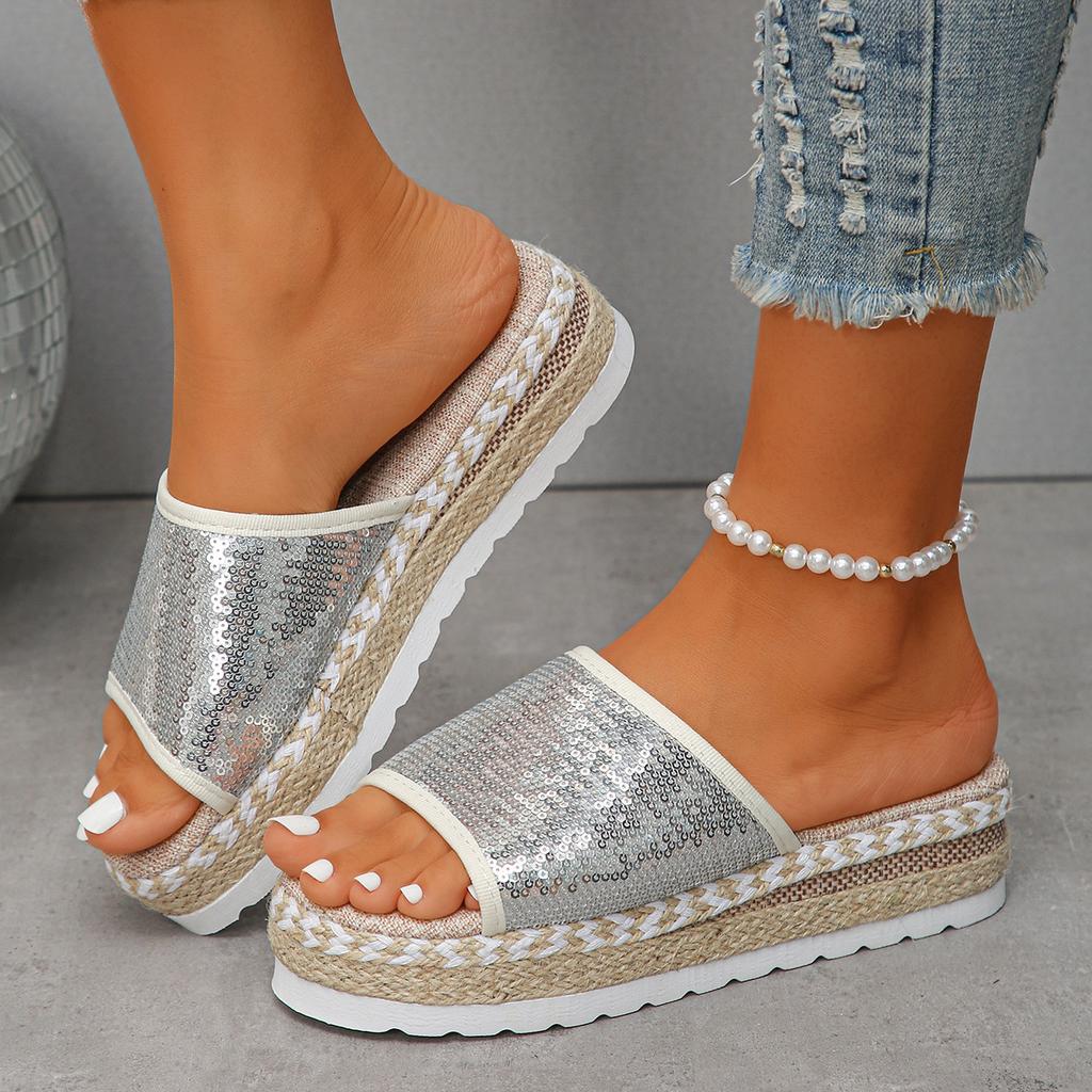 2025 Summer New Linen Thick Bottom Wedge Heel Sequins European and American Bohemian Fish Mouth One-word Drag Large Size 36-43