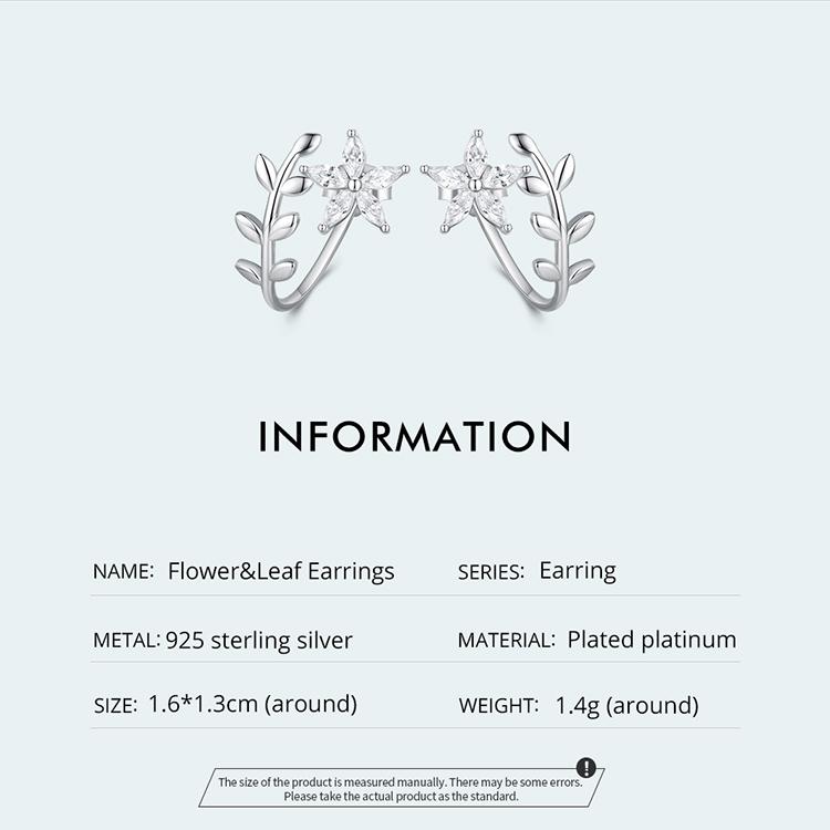 Bisaer 925 Sterling Silver Cubic Zirconia Flower & Leaf Earrings for Women Gift Fashion Jewelry