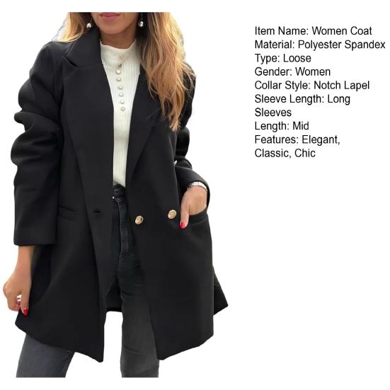 Women's Trench Coat Notch Lapel Double Breasted Mid Long Pea Coat with Pockets Long Sleeve Fall Winter Outwear