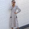 Autumn Medium and Long French Print V-neck Long-sleeved Hem Split Dress Women
