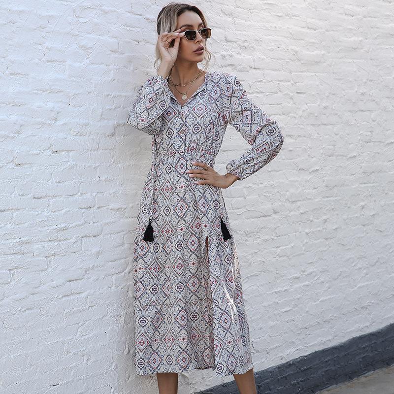 Autumn Medium and Long French Print V-neck Long-sleeved Hem Split Dress Women