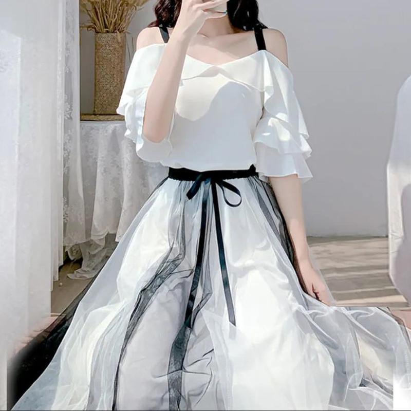 WTEMPO Women's Mesh Skirts Spring Summer Elegant Tulle Skirt Female Elastic High Waist Long Pleated Skirts Two-tone Panel Tutu Skirt