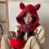 Cute Ears Balaclava Hat Scarf Integrated Red Knitted Hat Winter Warm Ear Protection Woolen Hat for Women