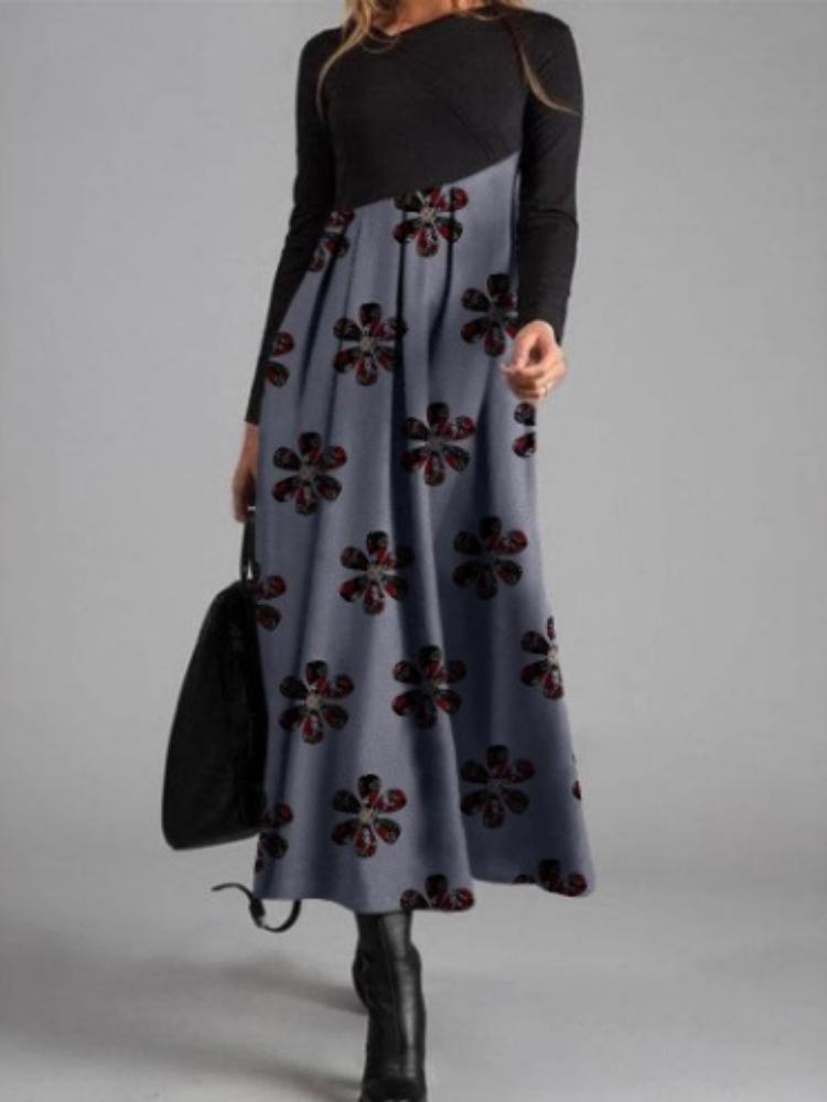 Women's Long Sleeve Black Top with Printed Maxi Skirt Dress, Bohemian Floral Geometric Pattern, Multiple Color Options
