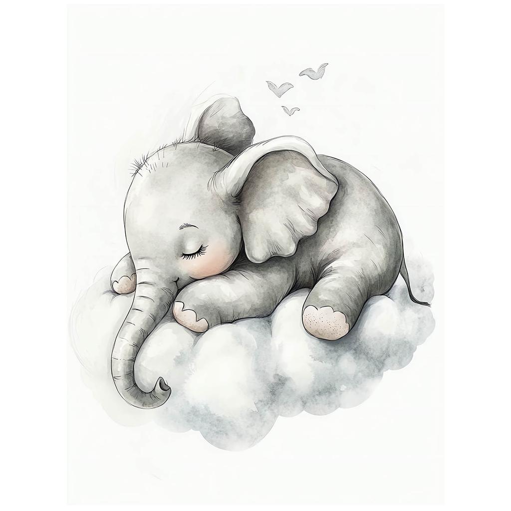 Plakat Senny Słonik Na Chmurze Plakat Senny Słonik Na Chmurze, 30X40 Cm, Rama Drewniana Jasny Dąb, Papier Matowy 230 Gsm